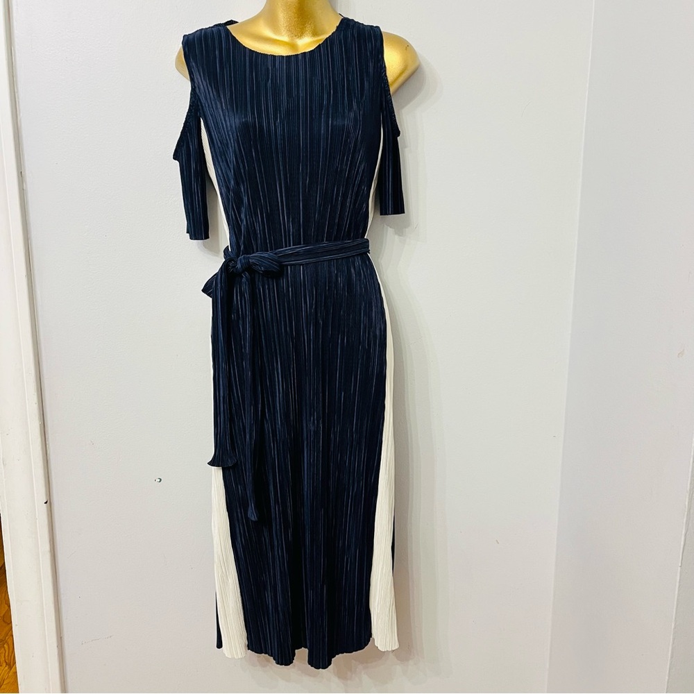 Topshop Pleated Midi Dress – Navy Cream Colorblock Tie Waist – Size 6 - Picture 2 of 6